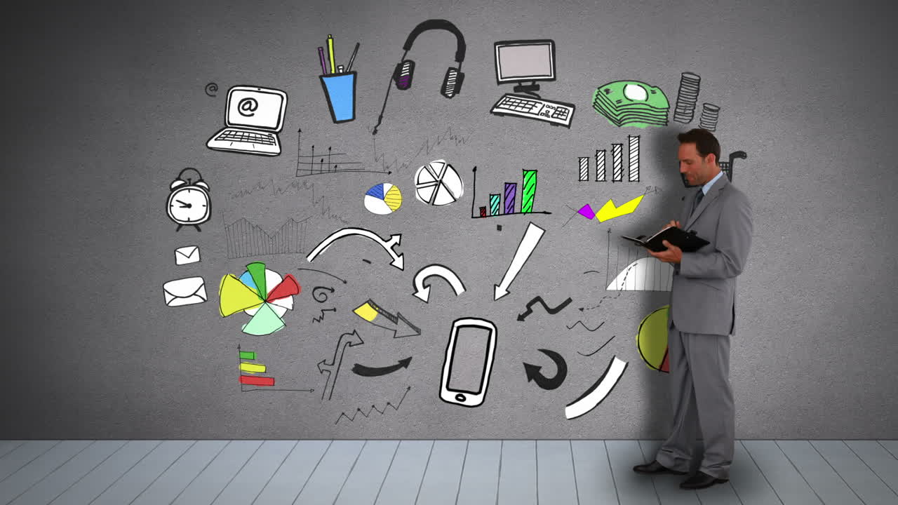 un hombre de negocios con un diario viendo una ilustración animada del comportamiento del consumidor.