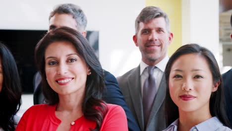 Group-of-smiling-businessmen-and-businesswomen,-close-up