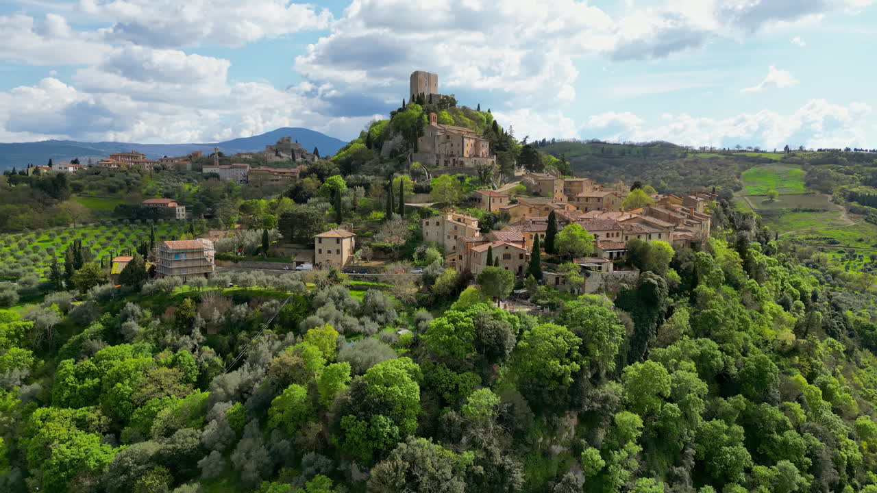 Aerial drone view of the Rocca d'Orcia village in Tuscany, central Italy