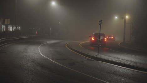 Vehicles-Night-Time-Driving-In-Fog---wide,-static