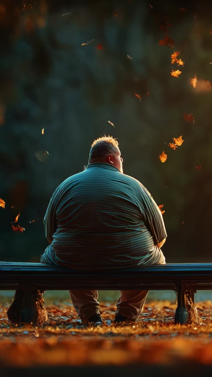 A tranquil scene of a solitary figure sitting on a park bench, observing the falling leaves in the warm golden hour light, enveloped in peaceful solitude and reflection