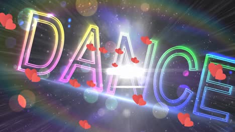 animation of red hearts over neon dance text and spots of light in background