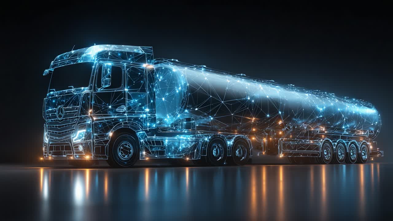Innovative Digital Transportation: A Futuristic 3D Render of a Truck with a Fuel Tank, Showcasing an Advanced Networked Infrastructure for Modern Logistics