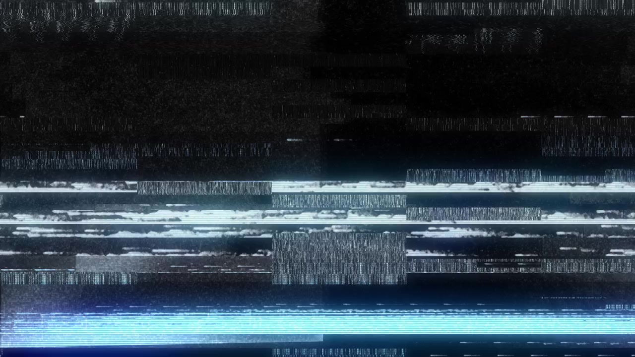 Pixel blu sparsi, frammenti di segnale, strisce di luce con effetto glitch, glitch futuristico di trasmissione dati.