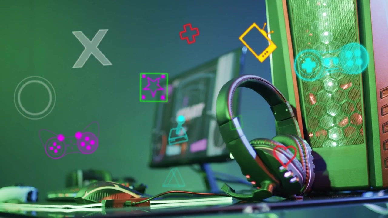 Over-ear headset staying sharp neon icons popping left grouping camera shifting right showing gear