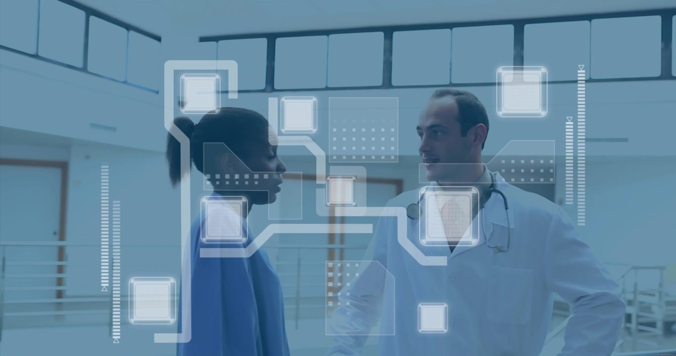 Animation of computer circuit board over diverse doctors at hospital