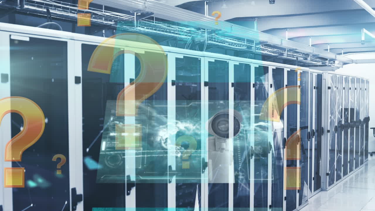 Animation of question marks and data processing over server room