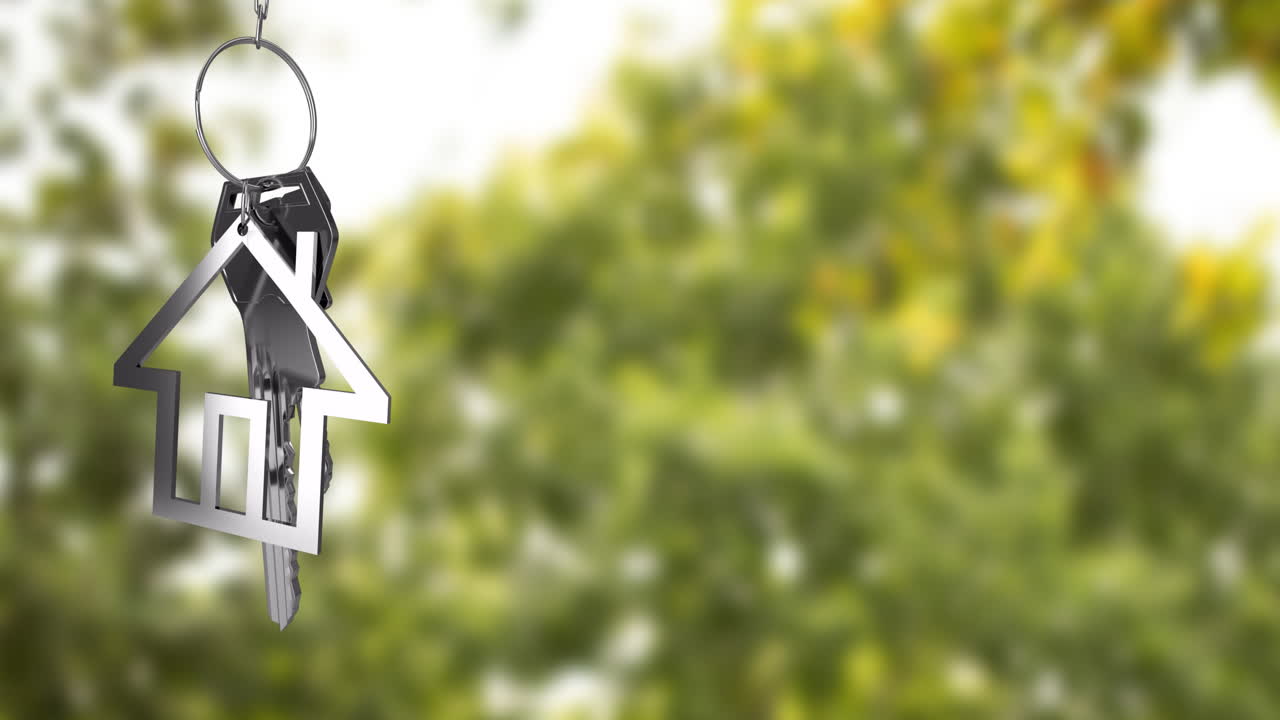 House-shaped keychain animation over blurred green foliage background