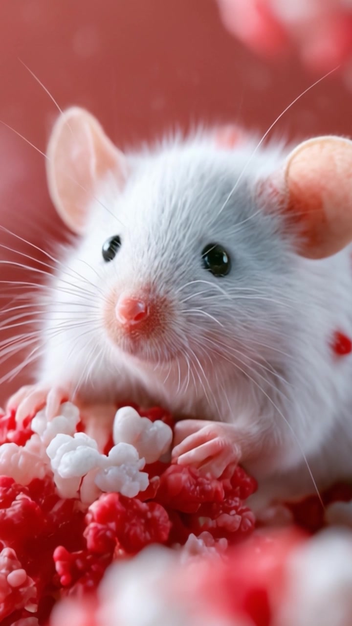 Un Simpatico Topo Bianco Circondato da Colorate Decorazioni di Snack, Catturato con Dettagli Mozzafiato, che Mostra la Sua Curiosità e Natura Giocosa in un'Ambientazione Vivace