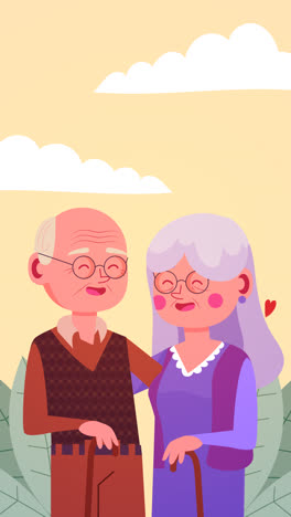 motion graphic of flat design grandparents holding each other