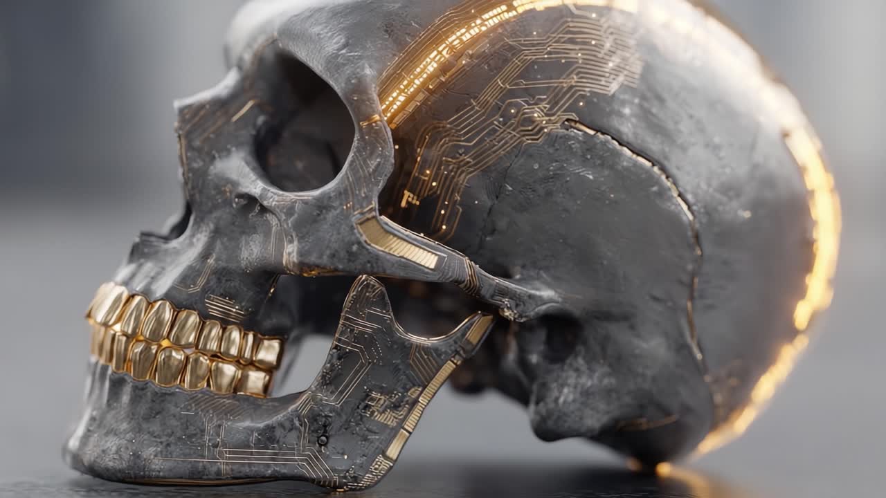 Elaborato design di teschio cibernetico caratterizzato da circuiti futuristici ed elementi metallici, che fonde estetiche organiche e tecnologiche per un impatto visivo straordinario.