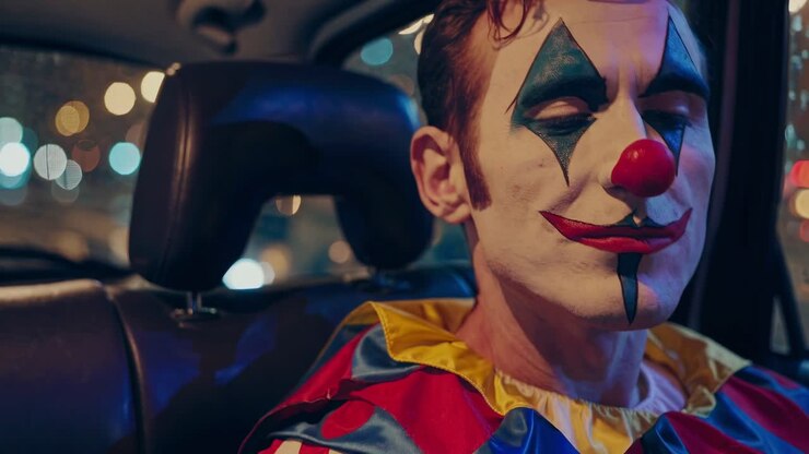 Melancholic clown with colorful makeup is riding in the back seat of a car, seemingly lost in thought as the city lights blur past the window