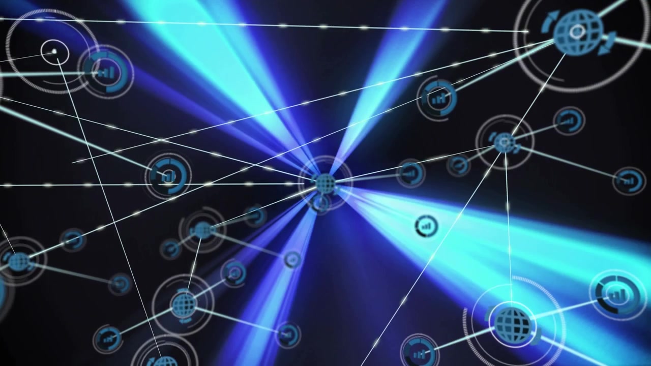 Animation of network of connections with icons over dark background