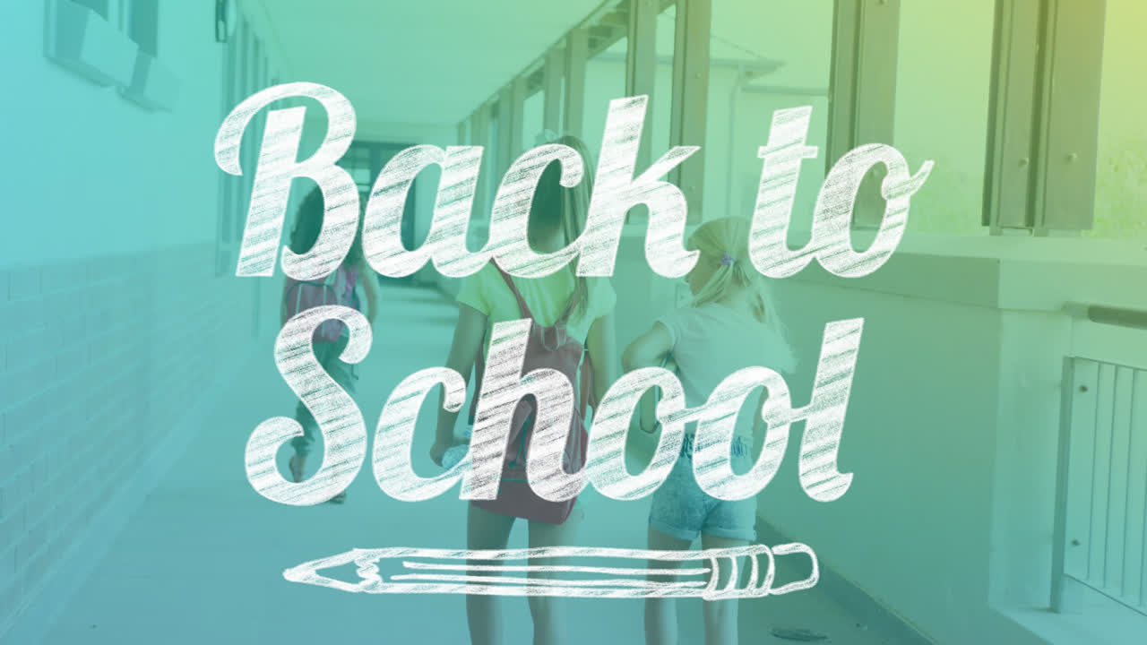 학교에서 다양한 학교 아이들에 대한 학교 복귀 텍스트의 애니메이션