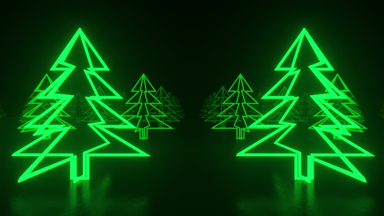 크리스마스 트리, 어의 검은 바탕에 녹색 네온 반이는 아이콘, 오른쪽으로 으로 이동, 파랄락스 효과, 추상적인 겨울 휴가 개념, 크리스마스 개념, 4k의 3d 루프 애니메이션