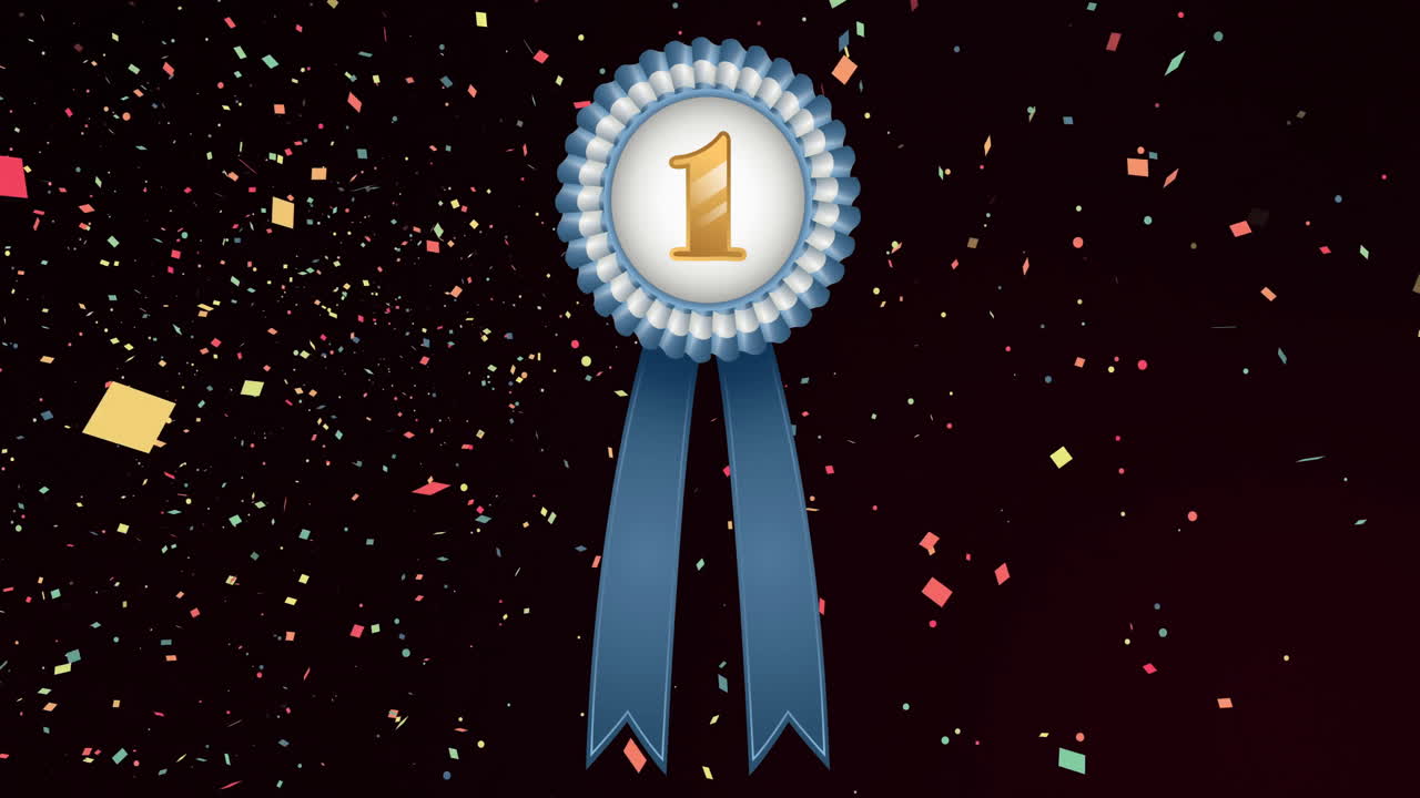 animación de la medalla con número uno de oro y cinta azul y confeti flotando sobre fondo negro