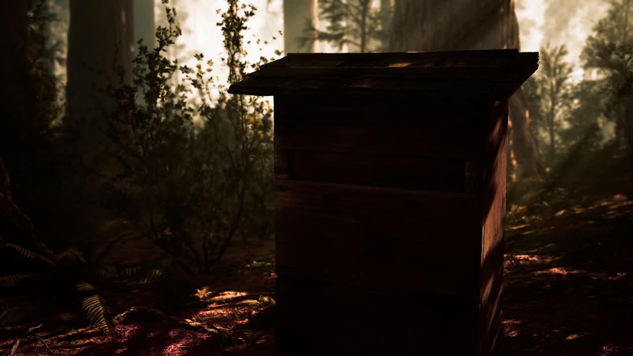 안개 속의 숲 속에 있는 오래된 나무 벌집