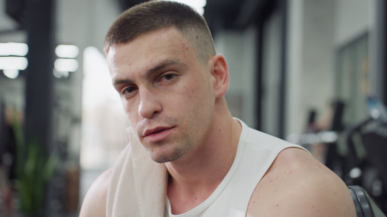 Close up of sports man sits on weight bench with towel draped over shoulder exhaling in relief after intense chest press workout under bright gym lighting showing focused calm expression