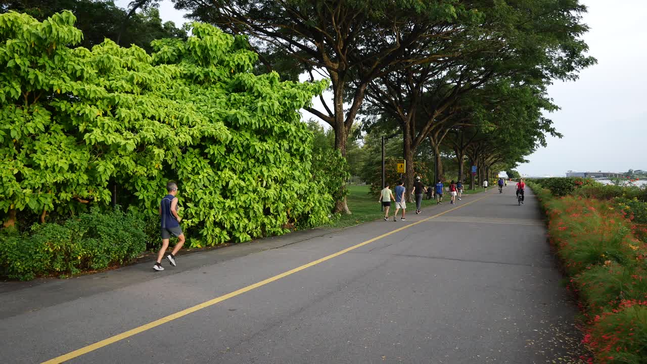 사람들이 강 의 공원에서 포장된 길을 고 자전거를 타고 있습니다.