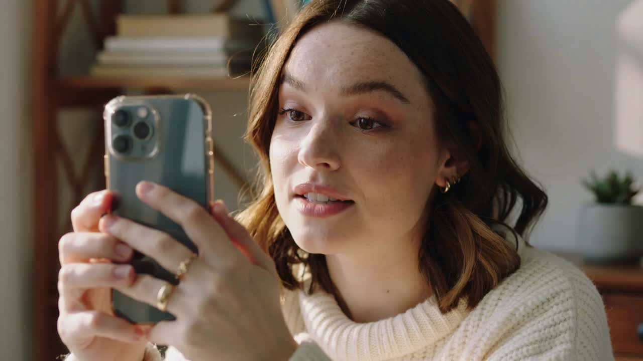 Raising phone, adult woman wearing cream sweater speaking, smiling, gesturing at home to check in