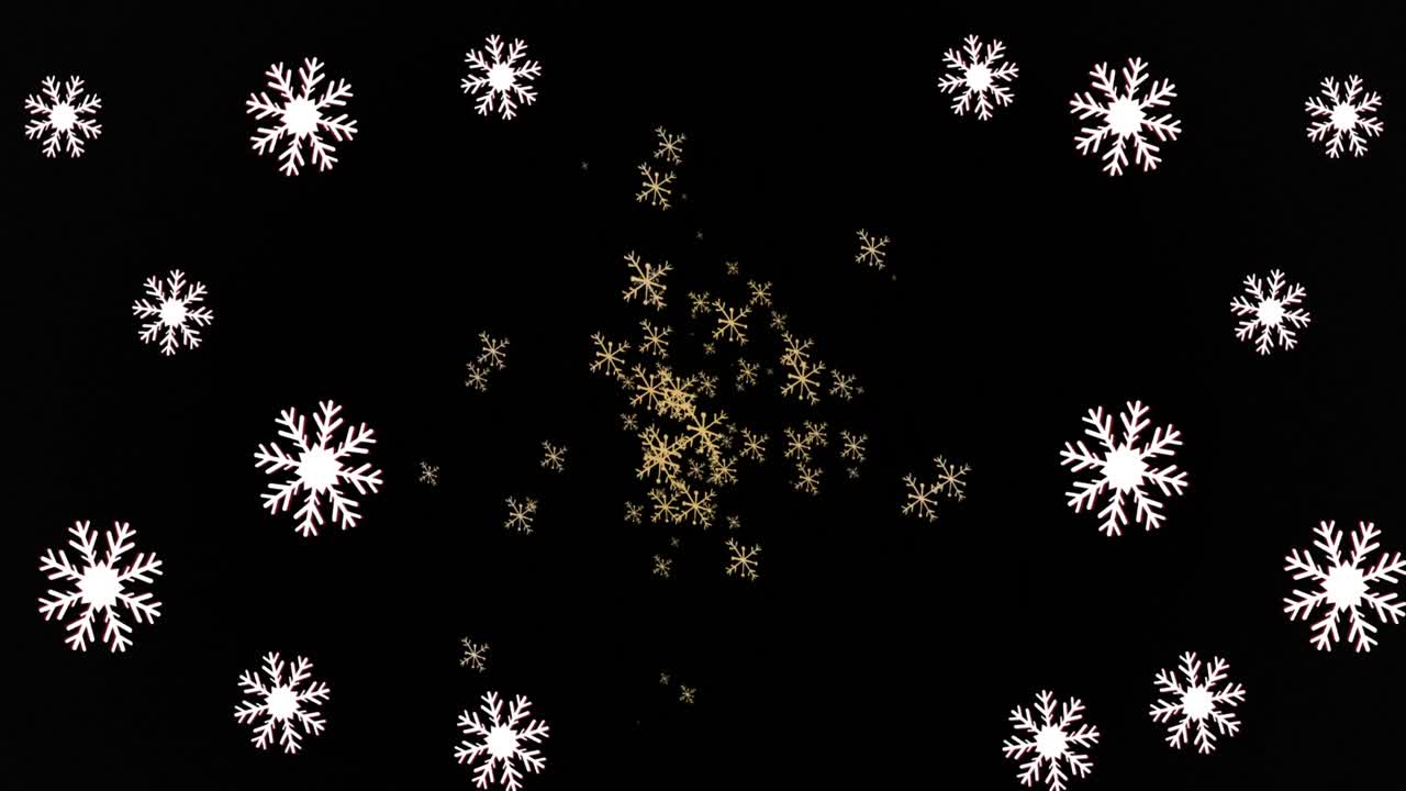 Animation of snow falling on black background at christmas