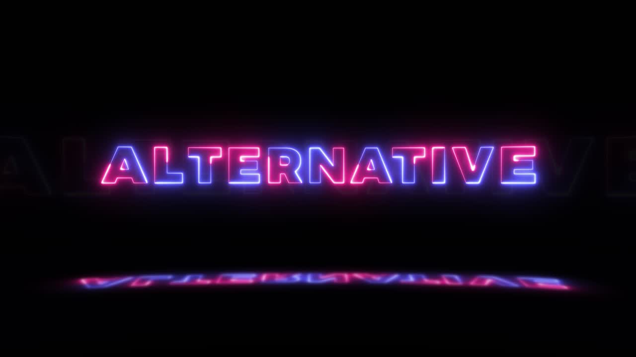 neón brillante palabra 'alternativa' en un fondo negro con reflejos en un piso. signos de brillo de neón en gráfico de movimiento de bucle sin costuras