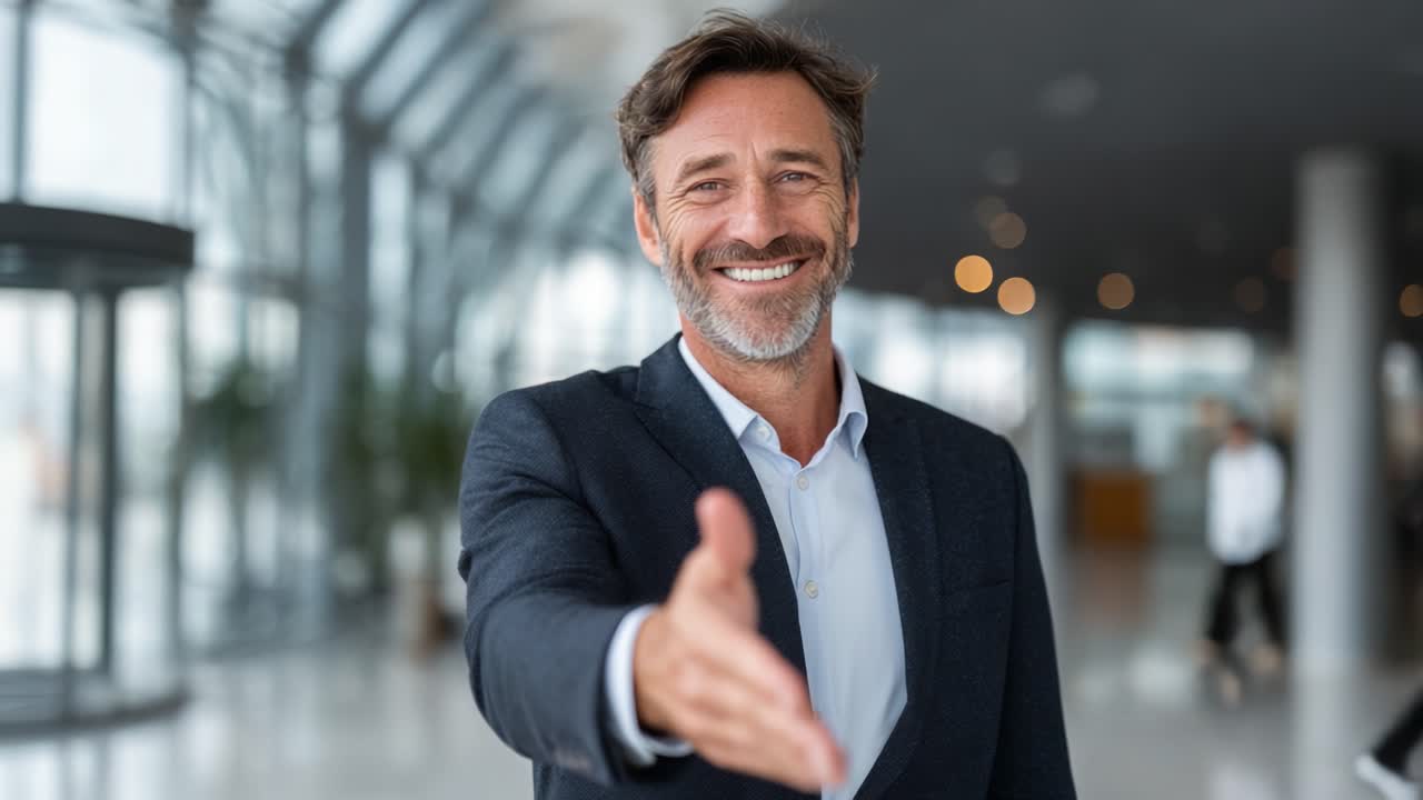 Un Saluto Professionale Amichevole: Un Uomo con un Sorriso Caldo Offre una Stretta di Mano ed Emana Fiducia in un Ambiente Moderno e Luminoso.