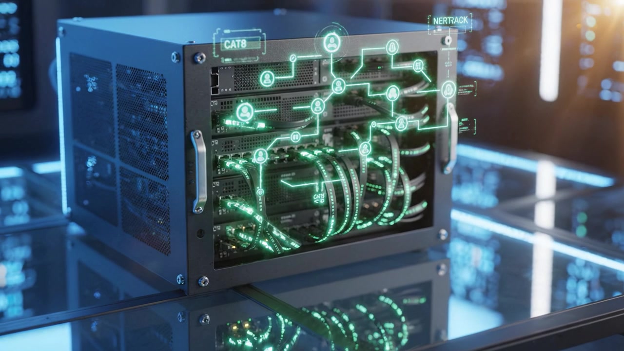 High-Tech Data Center: A Close-Up of a Powerful Server Rack Featuring Advanced Connectivity and Visual Data Indicators in a Modern Technology Environment
