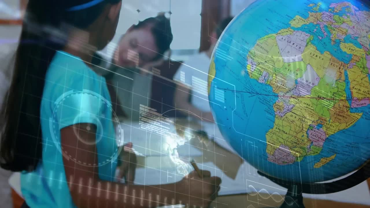 Animation of data processing over schoolgirl looking at globe in class