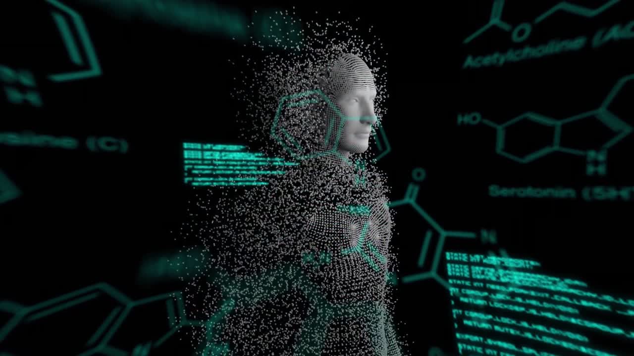 Animation of human model and scientific data processing on black background