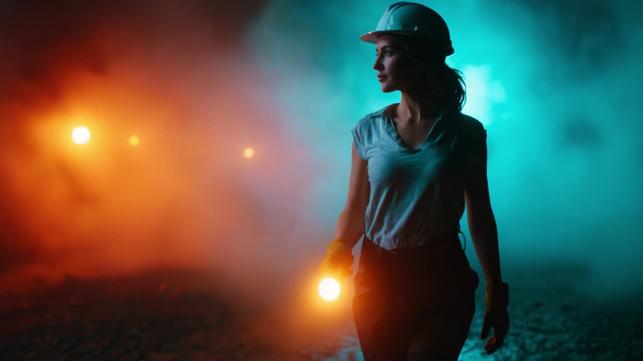 Una donna sicura di sé esplora un ambiente misterioso, indossa un cappello e porta con sé una torcia, illuminando i dintorni pieni di fumo con colori vivaci che creano un’atmosfera inquietante ma allo stesso tempo affascinante