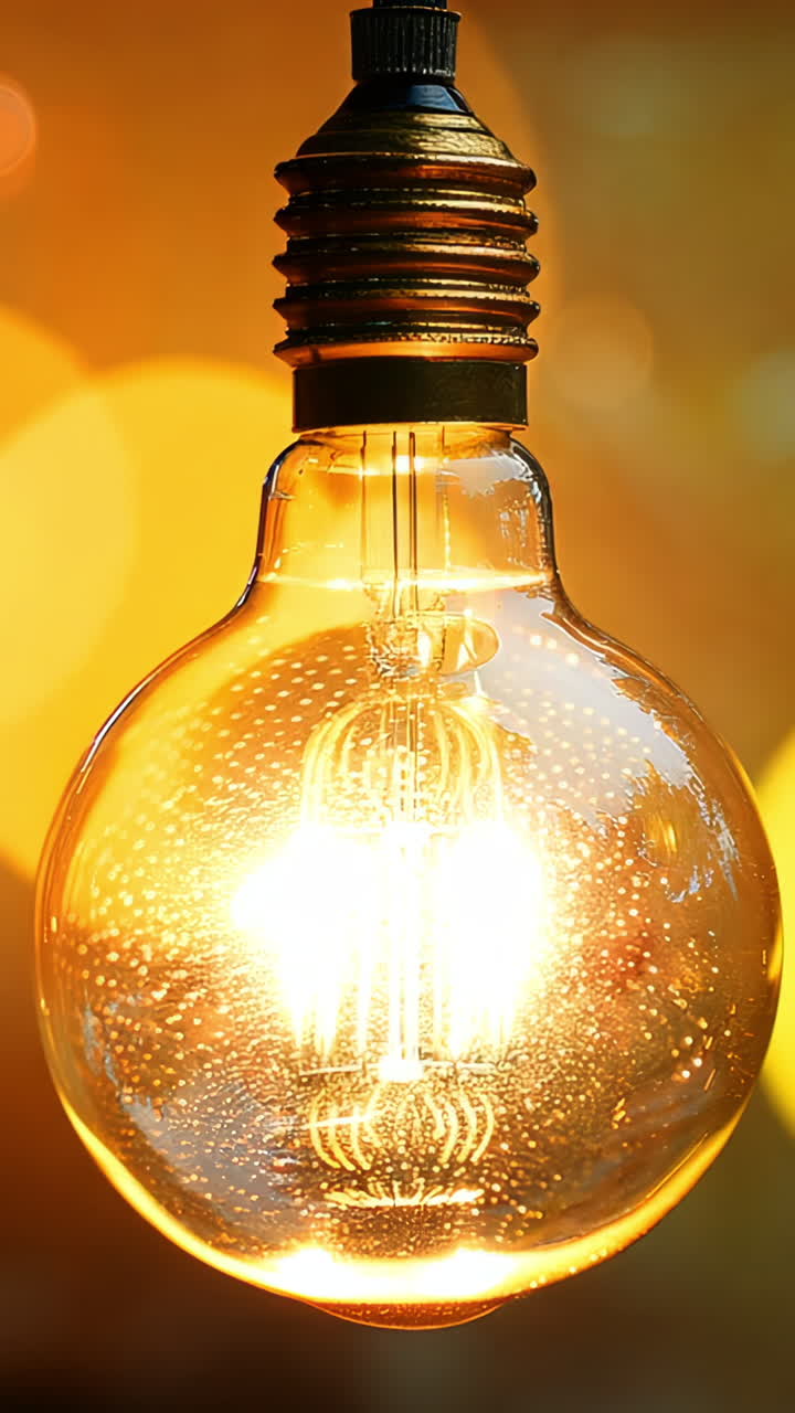 A light bulb hanging from a ceiling with a warm glow. The light bulb is surrounded by darkness, creating a sense of mystery and intrigue