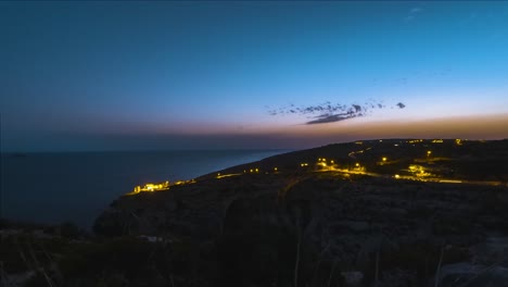 Nachtzeitraffer-Nach-Sonnenuntergang-über-Der-Blauen-Grotte,-Malta