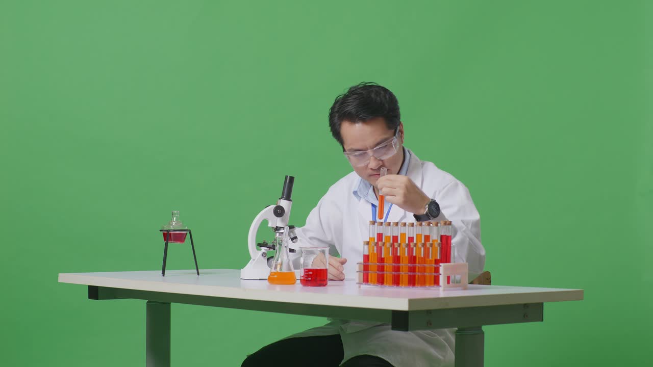 Side View Of Asian Man Scientist Looking At Test Tube Then Smiling And Showing Thumbs Up Gesture While Working On The Table With Microscope In The Green Screen Background Laboratory