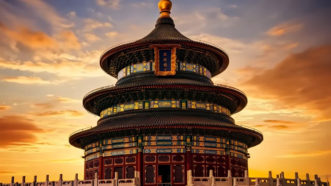 A low-angle video shot of the Temple of Heaven at sunset, highlighting its intricate architecture