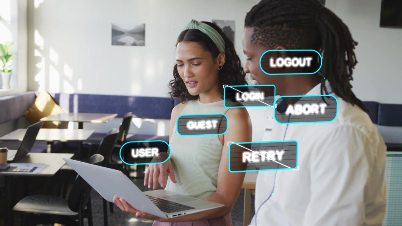 Woman tapping laptop trackpad, man watching, translucent UI labels appearing, testing login flow