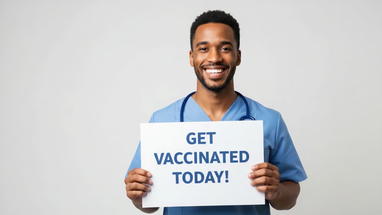 Encouraging Health and Wellness: A Smiling Healthcare Professional Promotes Vaccination with a Clear Message to Get Vaccinated Today!
