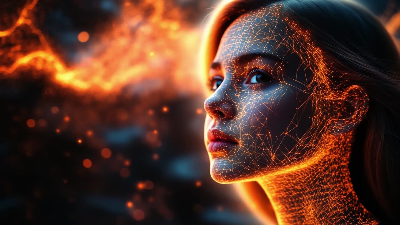Glowing digital woman profile. A woman gazes thoughtfully with vibrant, glowing lines and sparks surrounding her, creating a futuristic atmosphere.