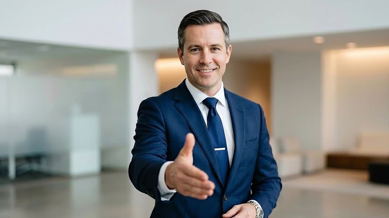 Professionista in abito blu che porge la mano in avanti invitando a una stretta di mano in un moderno ambiente d'ufficio