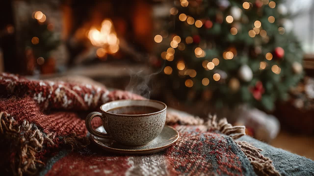 A Cozy Winter Scene Featuring a Warm Cup of Coffee Nestled on a Soft Blanket with a Glowing Fireplace and a Decorated Christmas Tree in the Background