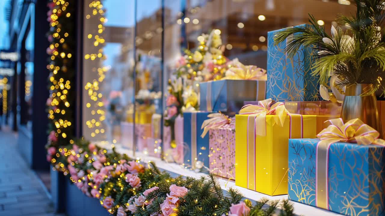 Festive Christmas Window Display with Gifts and Lights