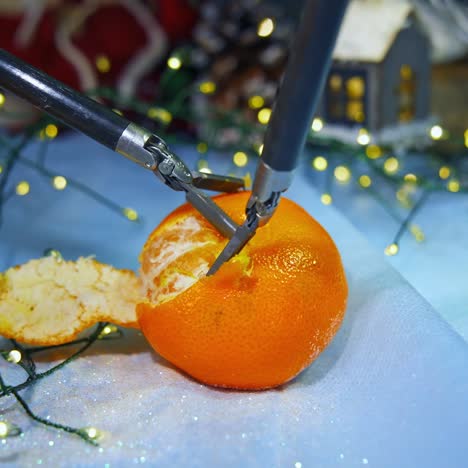 Juicy orange tangerine being peeled by the little claws of Da Vinci system. Accurate moves of robotic arms in peeling fruit. Christmas decorations at the backdrop