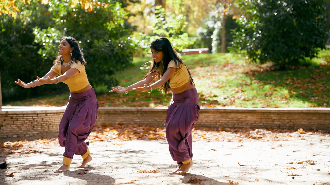Due donne con abiti tradizionali indiani che ballano in un parco
