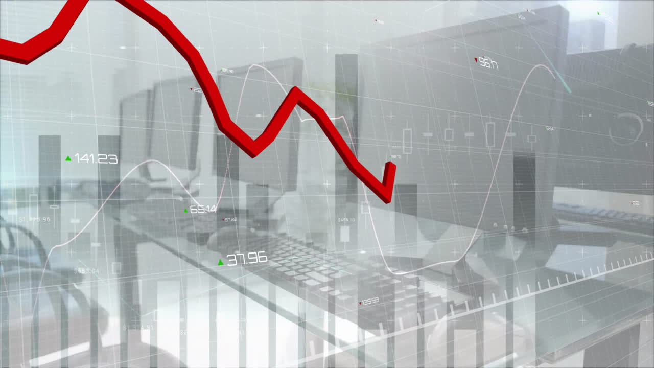 Animation of financial data processing and red line over office