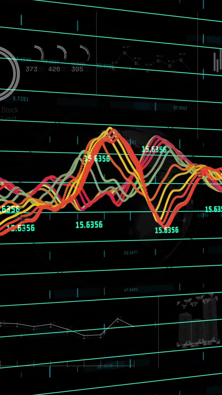 Animation of financial data processing over dark background