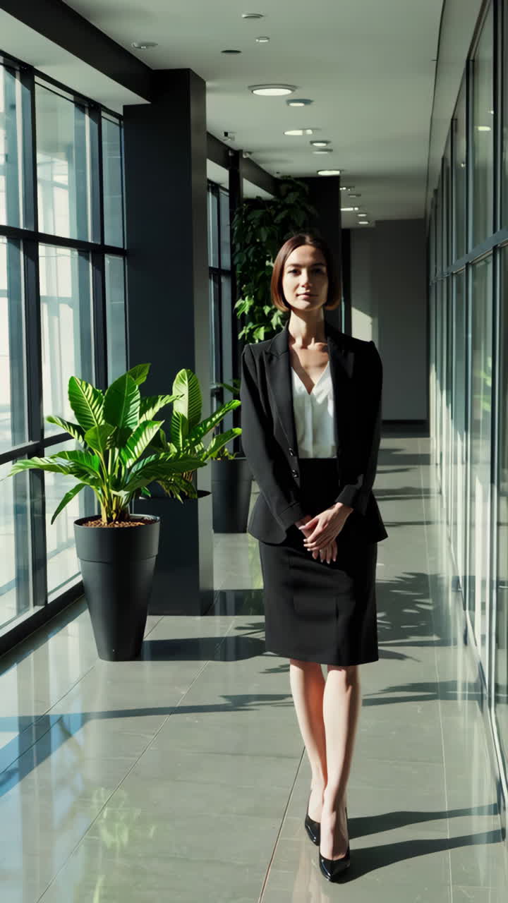 Professional Woman Standing in a Modern Office Hallway