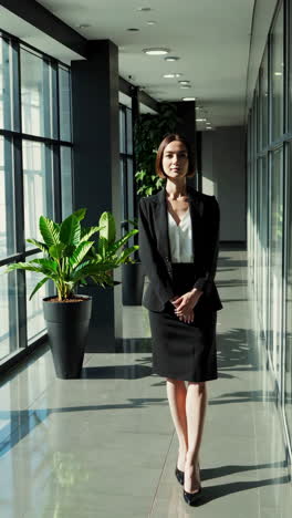 professional woman standing in a modern office hallway