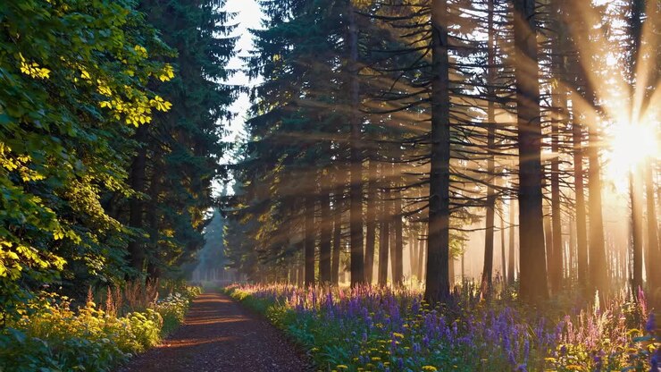 A serene forest path at sunrise, captured from a low angle, with sun rays streaming through trees