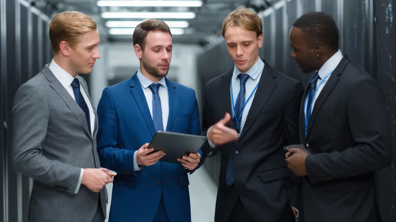 A Group of Professionals Collaborate and Discuss Insights in a High-Tech Server Room, Engaging with Digital Devices and Analyzing Data Interactions
