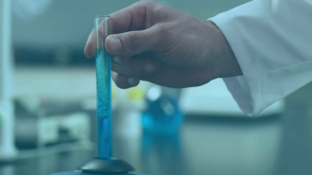 Animation of light trails over caucasian scientist holding test tube